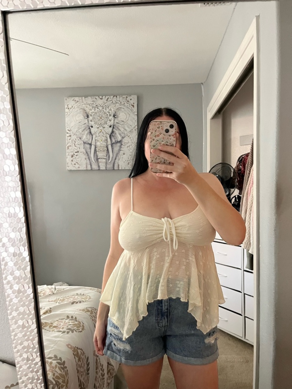 Floral Ivory Cream Lace-Trim Spaghetti Strap Tank Top Cami M Medium L Large